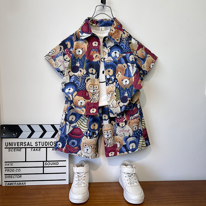 男童夏装套装2025新款儿童短袖花衬衫三件套时髦童装男孩酷帅炸街