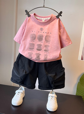 男童夏套装2026新款儿童夏装印花短袖体恤洋气半袖工装裤两件套潮