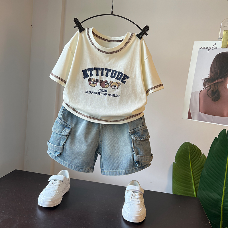 男童套装2025新款帅气时髦童装儿童衣服夏季牛仔裤宝宝短袖两件套