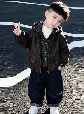 男童加绒皮衣假两件拼格子连帽外套秋冬装加厚洋气宝宝儿童装夹克