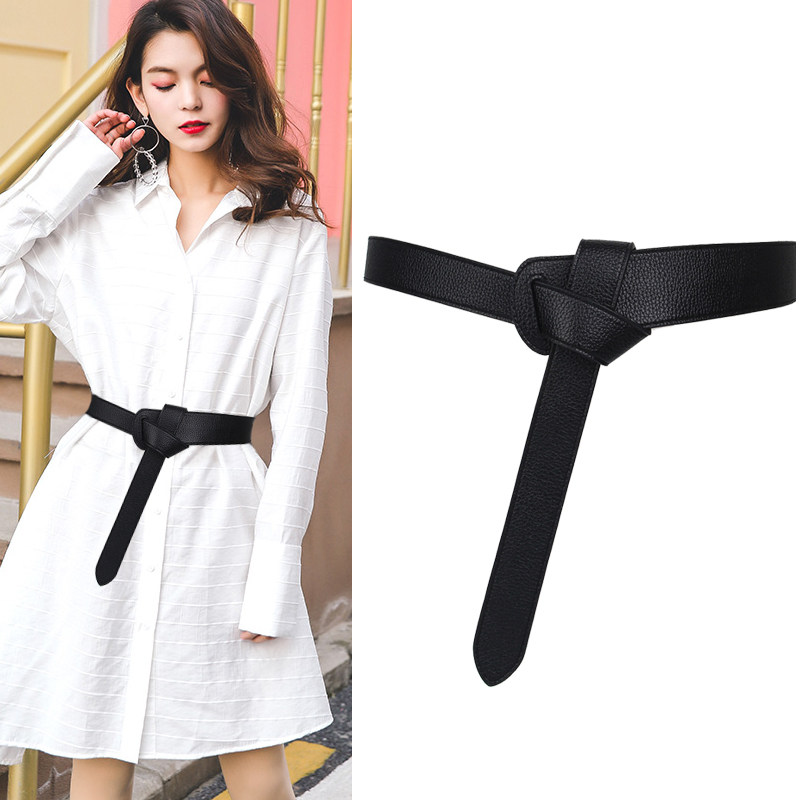 真皮皮带女宽打结衬衫腰带简约时尚韩国百搭黑色腰封配裙子韩版潮