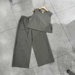 欧货韩版麻料条纹无袖开叉背心+松紧腰阔腿裤套装女夏 8090服饰