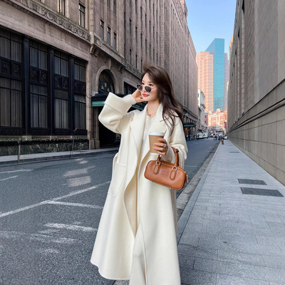 白色双面羊绒大衣女中长款2025春冬流行新款赫本风高级感毛呢外套