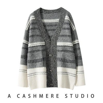 浪漫且随性！拼色加厚V领羊绒开衫女中长款花纱净羊绒毛衣外套冬