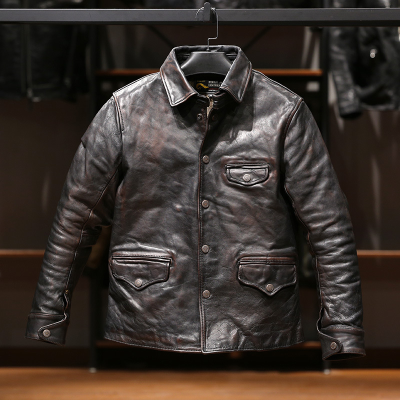 春秋日本复古司闸员茶芯马皮皮衣男翻领休闲茶芯黑色真皮夹克