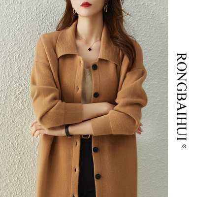 重磅100净羊绒开衫女中长款双面羊绒大衣显气质加厚针织毛衣外套