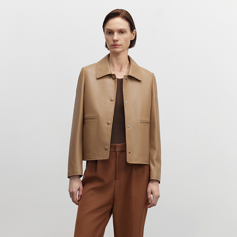 绵羊皮真皮皮衣外套女短款2025年秋季新款修身简约休闲翻领皮夹克