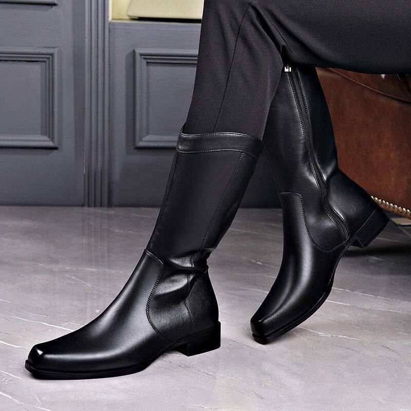 冬季新款男士长靴子加绒保暖皮靴男真皮商务中筒骑士靴潮马靴男