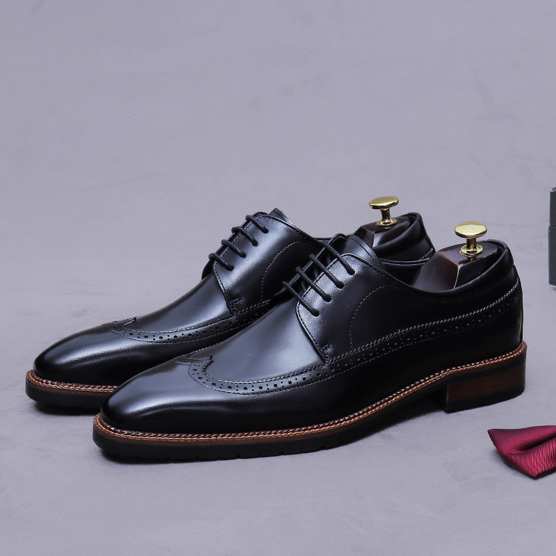 德比皮鞋男士休闲鞋英伦韩版布雕花牛皮真皮男鞋系带潮鞋子男