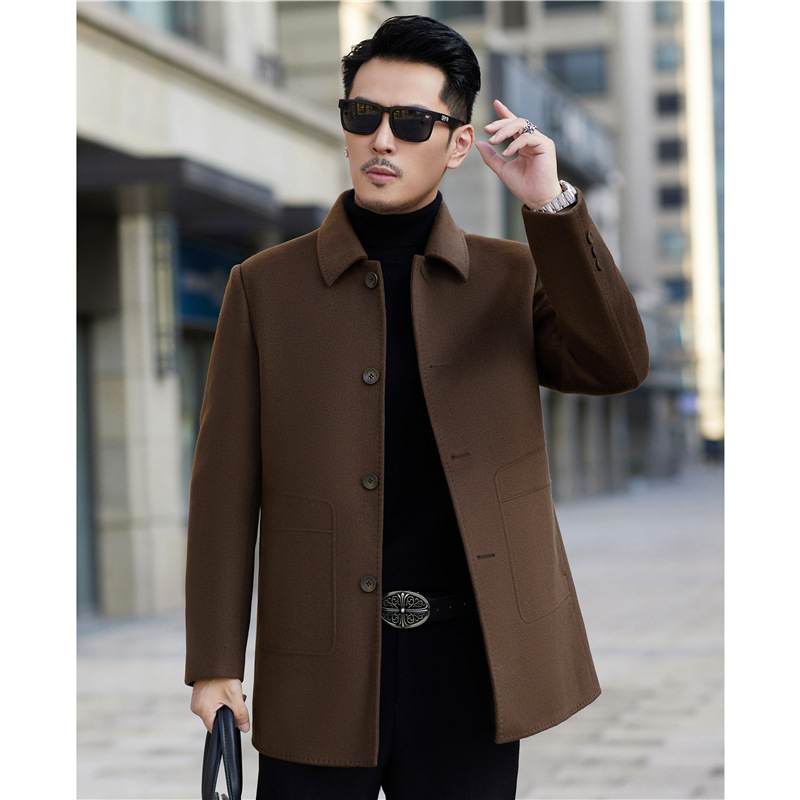秋冬双面羊绒外套 休闲羊毛呢子大衣 男翻领中长款中年双面呢大衣