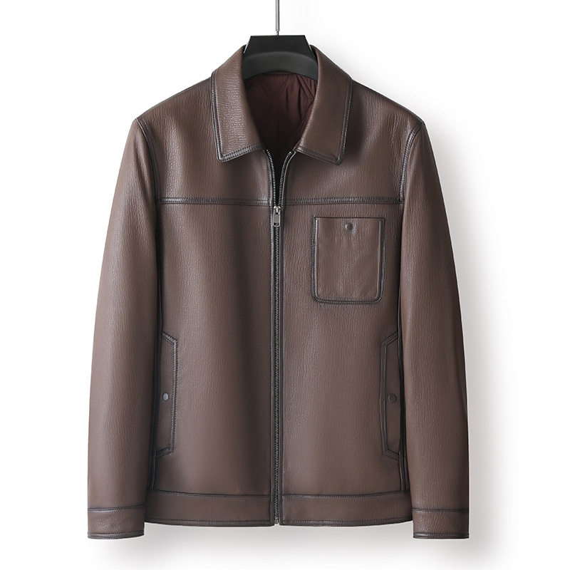 秋冬新款海宁真皮皮衣男商务男装翻领纯色皮衣绵羊皮夹克爸爸装