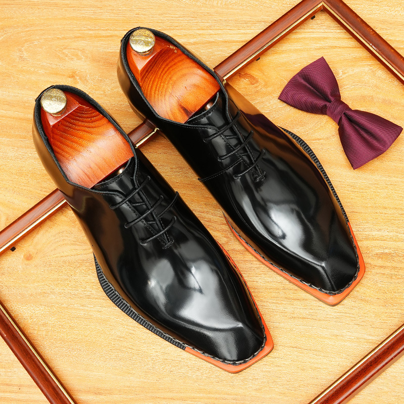 【足】高订手工亮面皮鞋男士正装商务整张牛皮方头牛津男鞋