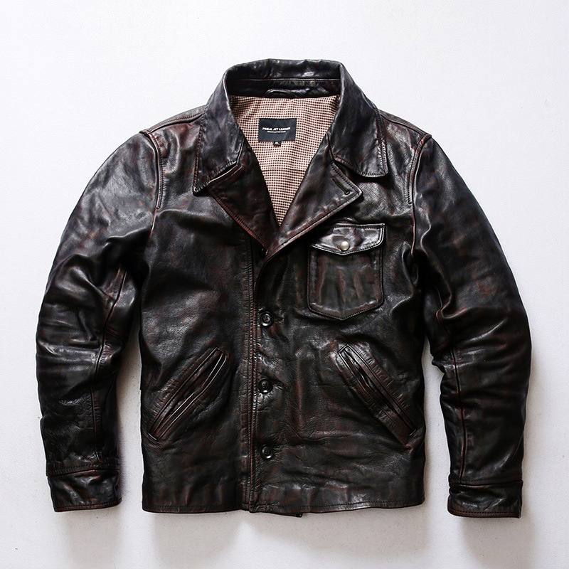 美式头层茶芯马皮皮衣男翻领单排扣休闲短款机车真皮夹克外套