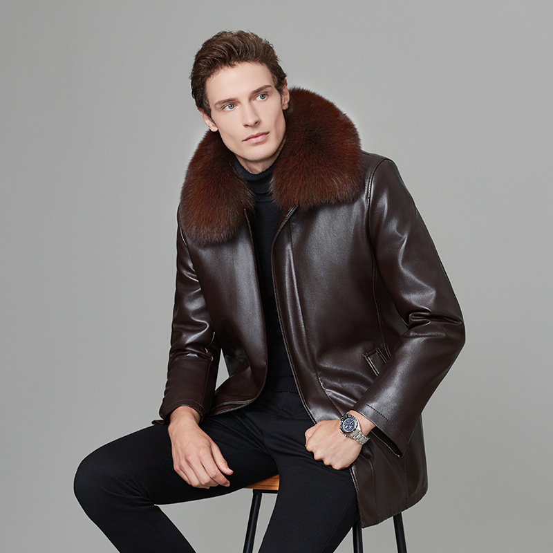 中年男士真皮皮衣貂绒内胆高档绵羊皮外套爸爸装保暖毛领海宁皮衣