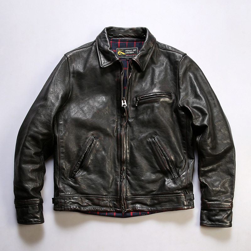 02日系天神马皮夹克男翻领水洗褶皱油蜡植鞣茶芯真皮皮衣