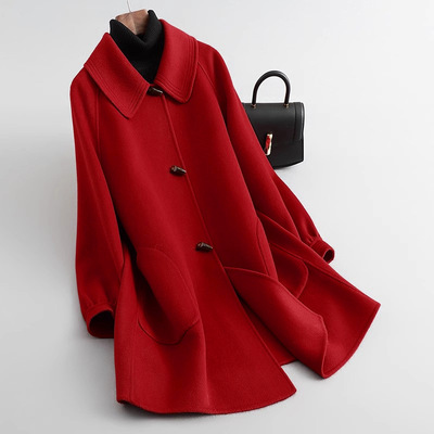 2025秋冬新款双面呢大衣女中长款娃娃领韩版宽松显瘦高端气质毛呢