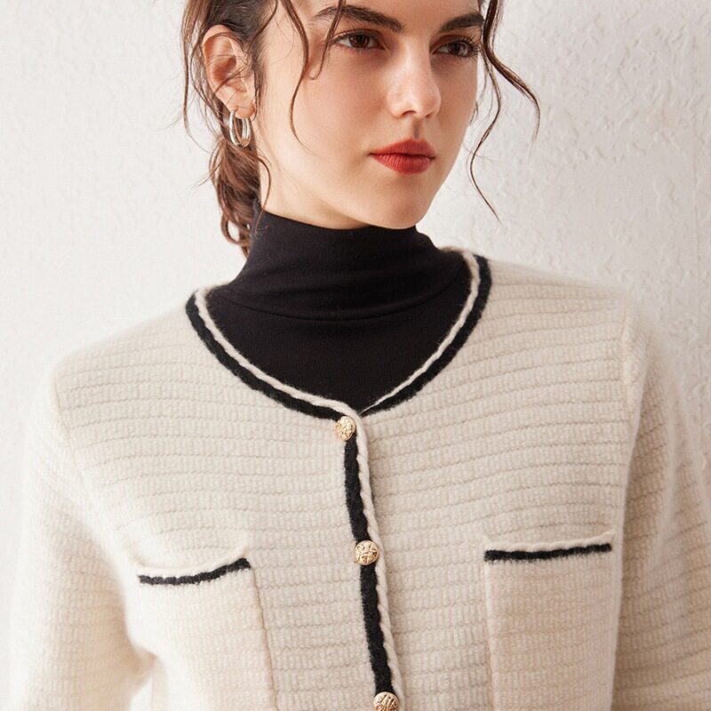 100%羊绒衫开衫女圆领针织毛衣外套春秋冬韩版百搭短款打底羊绒衫