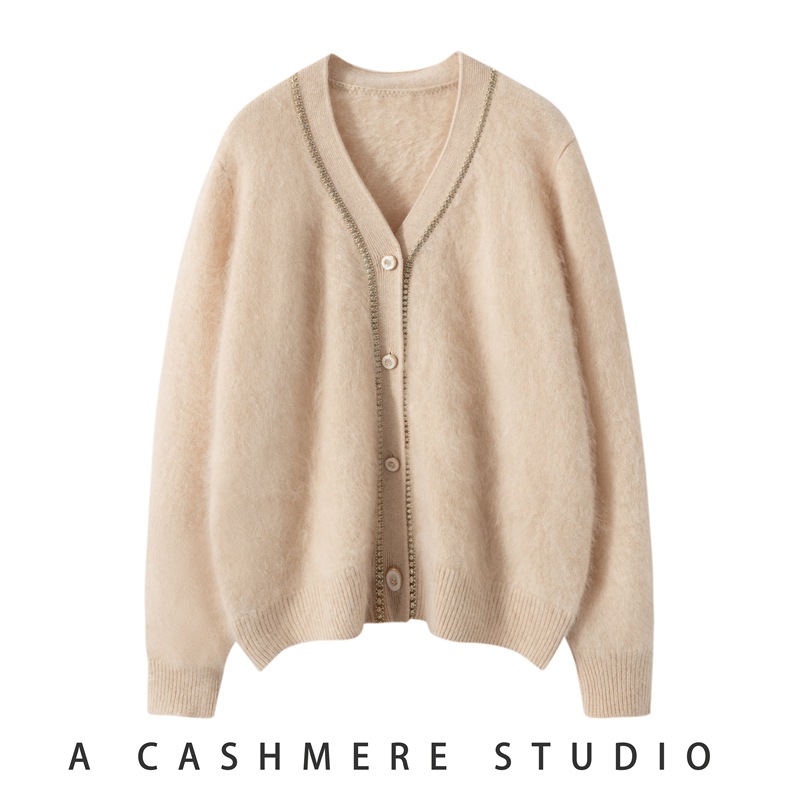 鄂尔*斯产拉绒开衫女100%纯山羊绒v领撞色宽松大码加厚毛衣外套