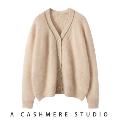 鄂尔*斯产拉绒开衫女100%纯山羊绒v领撞色宽松大码加厚毛衣外套