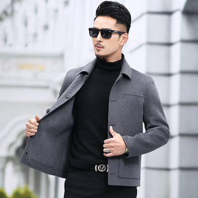 冬季双面羊绒外套 扣子羊毛呢子大衣 男士翻领短款中年双面呢夹克