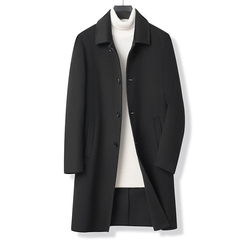 2025年秋冬新款大衣男装黑色羊毛百搭时尚长款休闲双面呢男士大衣
