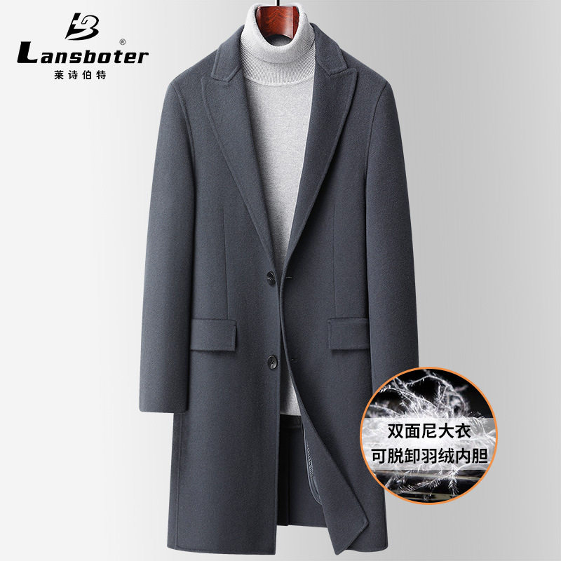 秋冬新款 100羊毛戗驳领双面呢大衣男中长款羽绒脱卸内胆羊毛外套