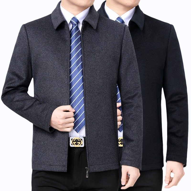 2022冬装新款男式夹克中年爸爸装休闲翻领羊绒毛呢羽绒服茄克外套