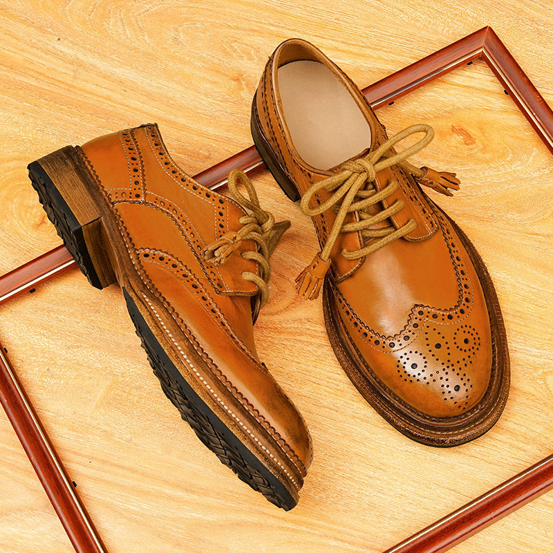 原厂现货水洗固特异皮鞋全马皮雕花手工商务休闲鞋真皮大底