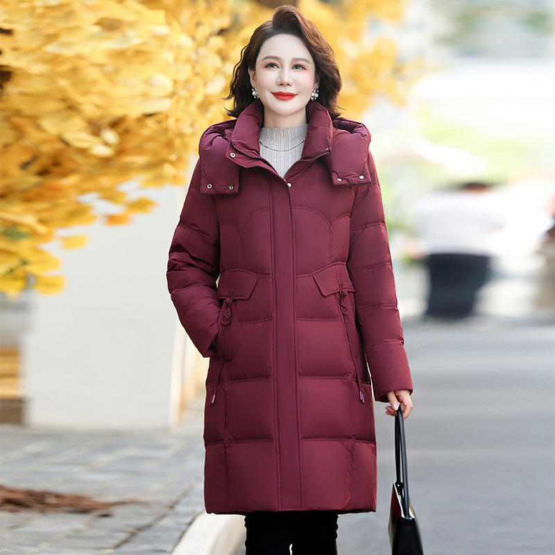 白鸭羽绒服女中长款冬季2024新款中年妈妈装加厚宽松连帽外套