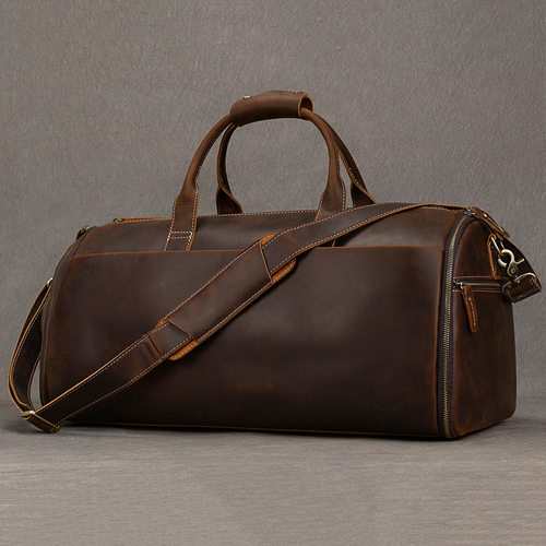 复古疯马皮旅行包多功能真皮行李袋折叠西装收纳包干湿分离健身包