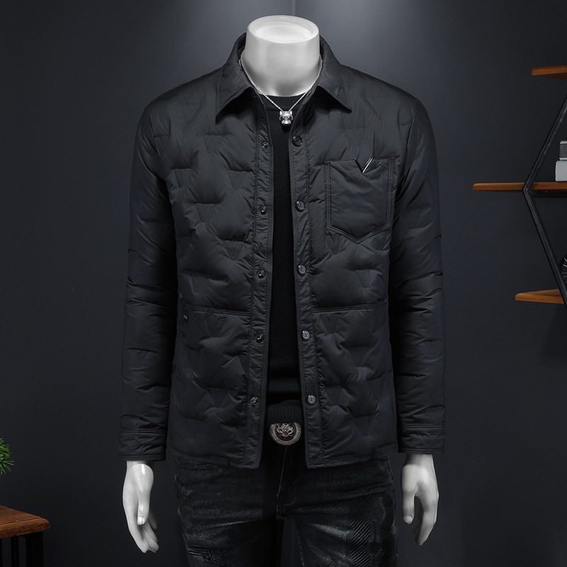 欧洲站2024冬季新款男士90%白鸭绒压花翻领羽绒服大码高品质外套