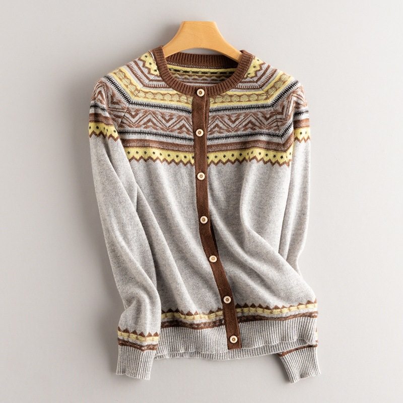复古气质美~民族风圆领羊绒开衫女100纯山羊绒拼色针织衫毛衣外套