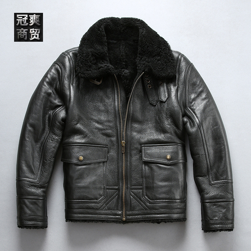 植鞣龟裂绵羊皮皮毛一体男飞行服真皮皮毛一体夹克