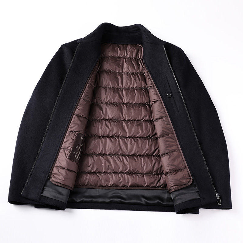 秋冬新款毛呢可脱卸内胆羽绒服夹克衫外套山羊绒纯色翻领保暖服