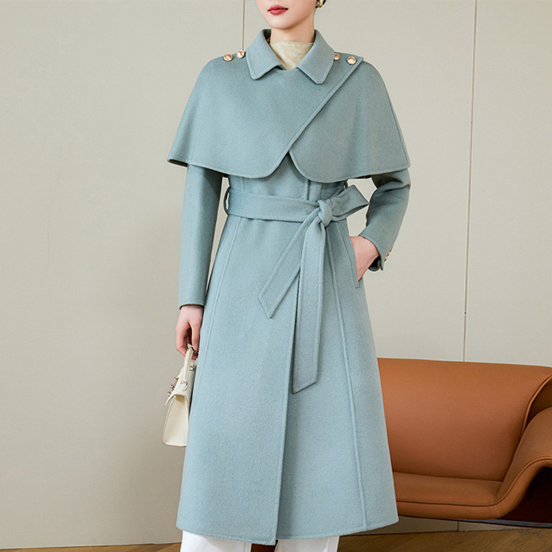 2025年双面羊毛大衣长款收腰羊毛大衣秋冬新款双面斗篷系带