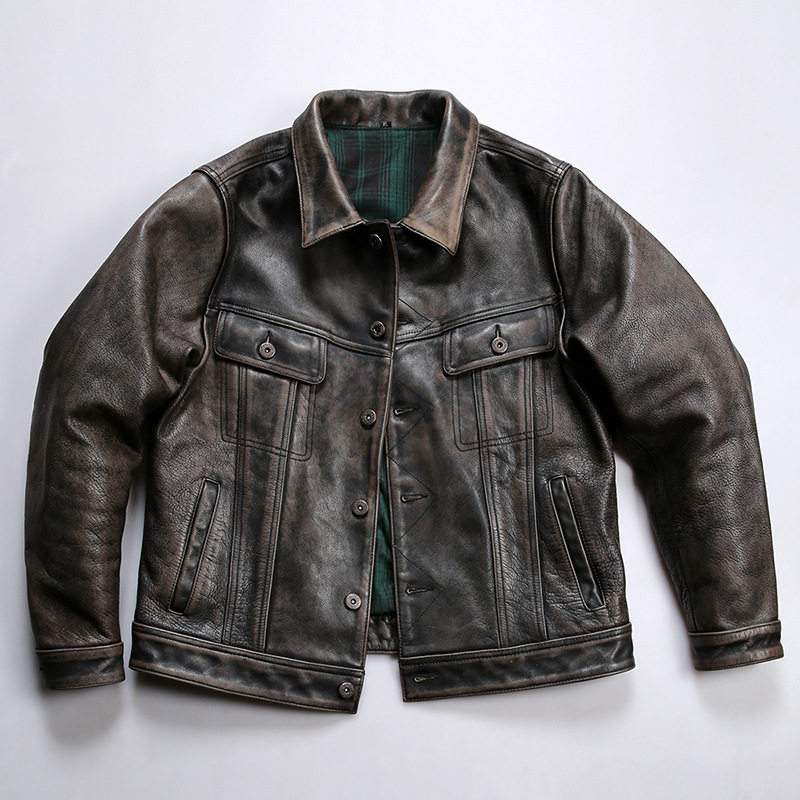 阿美咔叽复古做旧牛仔真皮皮衣男翻领加厚孟加拉进口小牛皮夹克