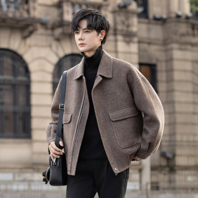 潮牌2025男士羊毛双面呢子休闲短款夹克大衣秋冬宽松高级感外套潮