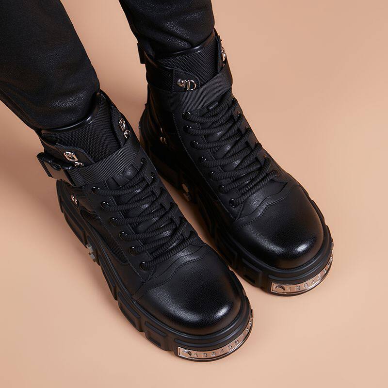 厚底增高马丁靴男真皮朋克风系带情侣机车靴英伦大头靴高帮皮鞋男