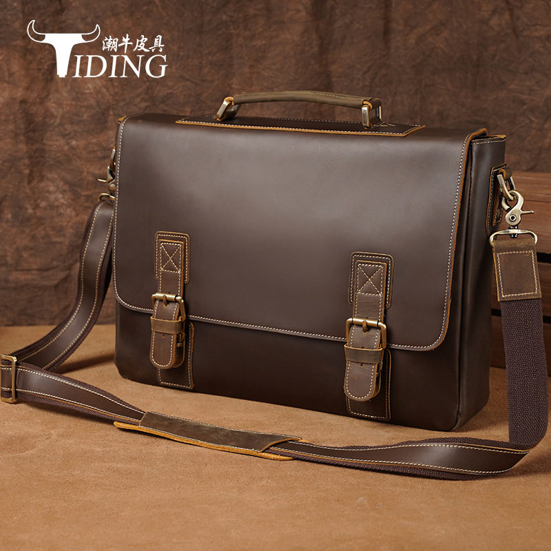 潮牛头层牛皮手提包男士真皮商务包疯马皮公文包单肩包加大版男包