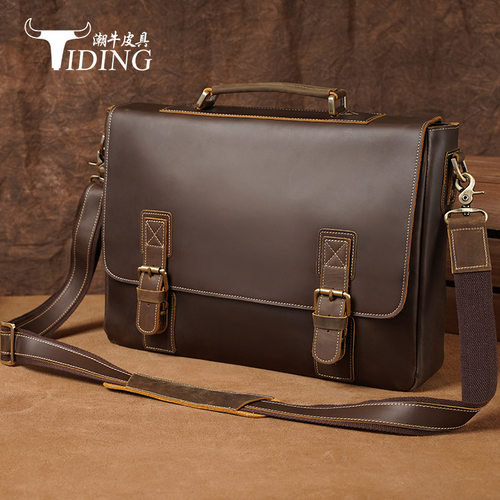 潮牛头层牛皮手提包男士真皮商务包疯马皮公文包单肩包加大版男包
