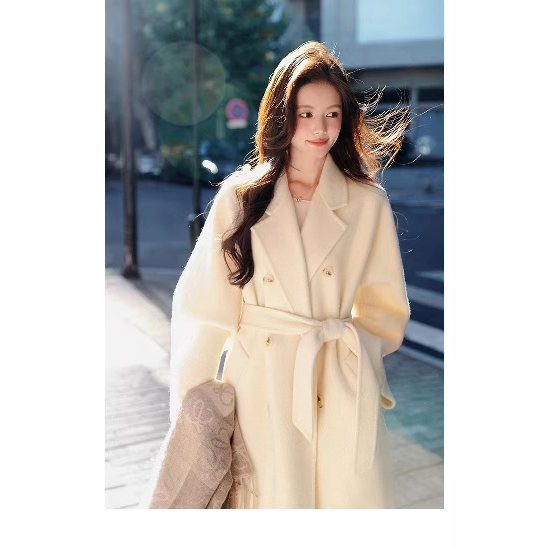 白色中长款小个子高级感双面羊绒大衣女双排扣系带羊毛呢外套风衣