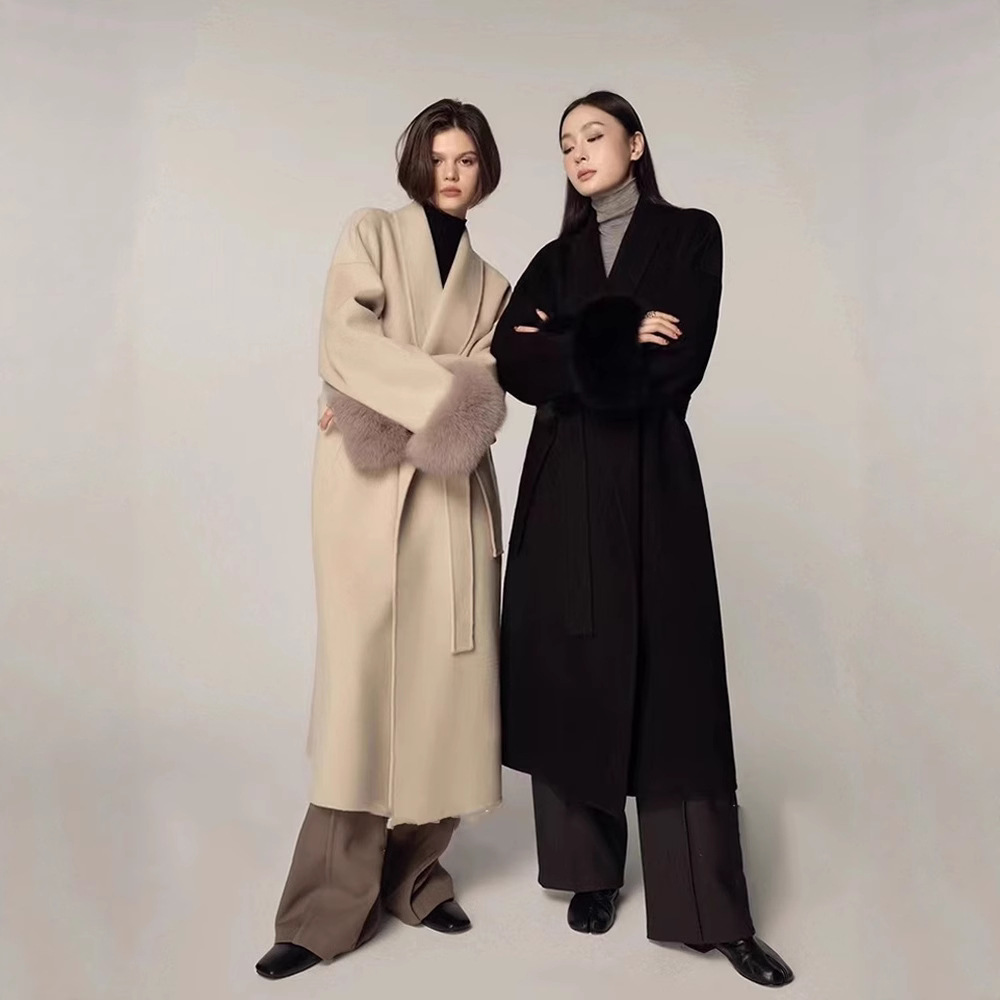 2025双面双面羊绒大衣女毛呢呢大衣女可拆卸真狐狸毛系带毛呢外套