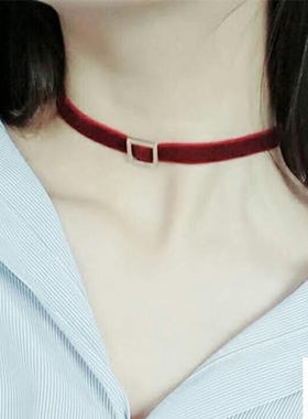 choker原宿几何酒红色皮项链