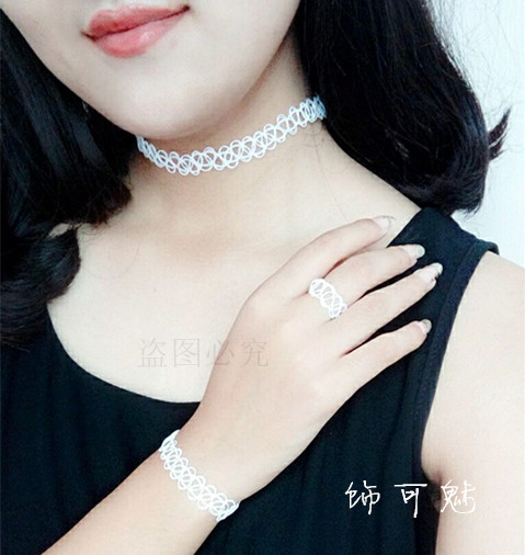 日韩简约女黑白色彩色套装弹力鱼线颈链手链 学生原宿项圈锁骨链