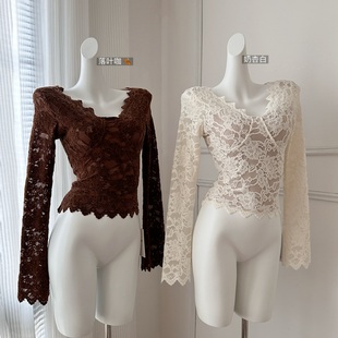 Wendy 蕾丝纯欲v领带胸垫长袖打底衫女短款修身花边上衣