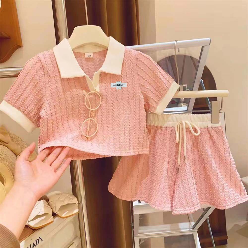 女童简约Polo领针织套装夏季短袖上衣短裤两件套洋气中国风服女宝