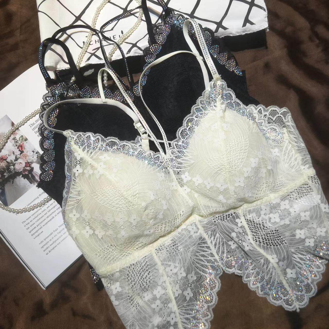 黑色乳白色亮钻蕾丝拼接吊带背心女内搭烫钻性感文胸一体打底上衣