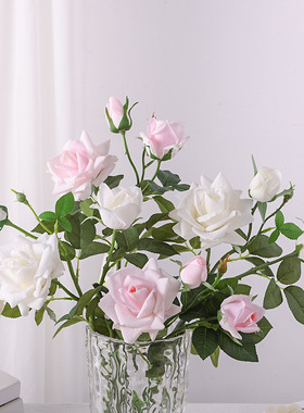 手感保湿 三头角玫瑰 家居软装饰工程摄影婚庆摆件仿真绢花假花