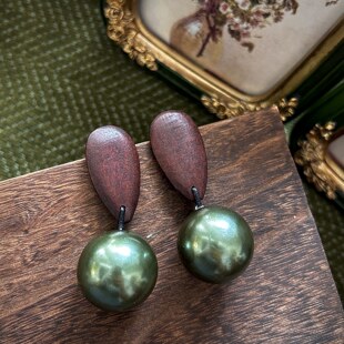 Monies风木质手工耳环30mm军绿色仿珍珠夸张个性大耳饰925银针