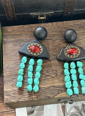 丹麦Monies风木质手工耳环中古vintage松石复古夸张设计个性耳饰